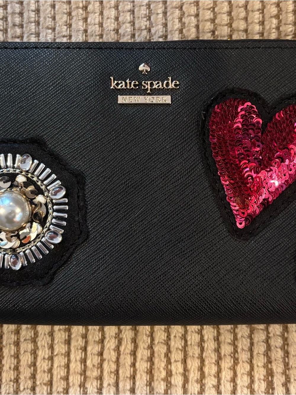 Kate Spade Black Leather Finer Things embellished Lacey Zip Around Wallet